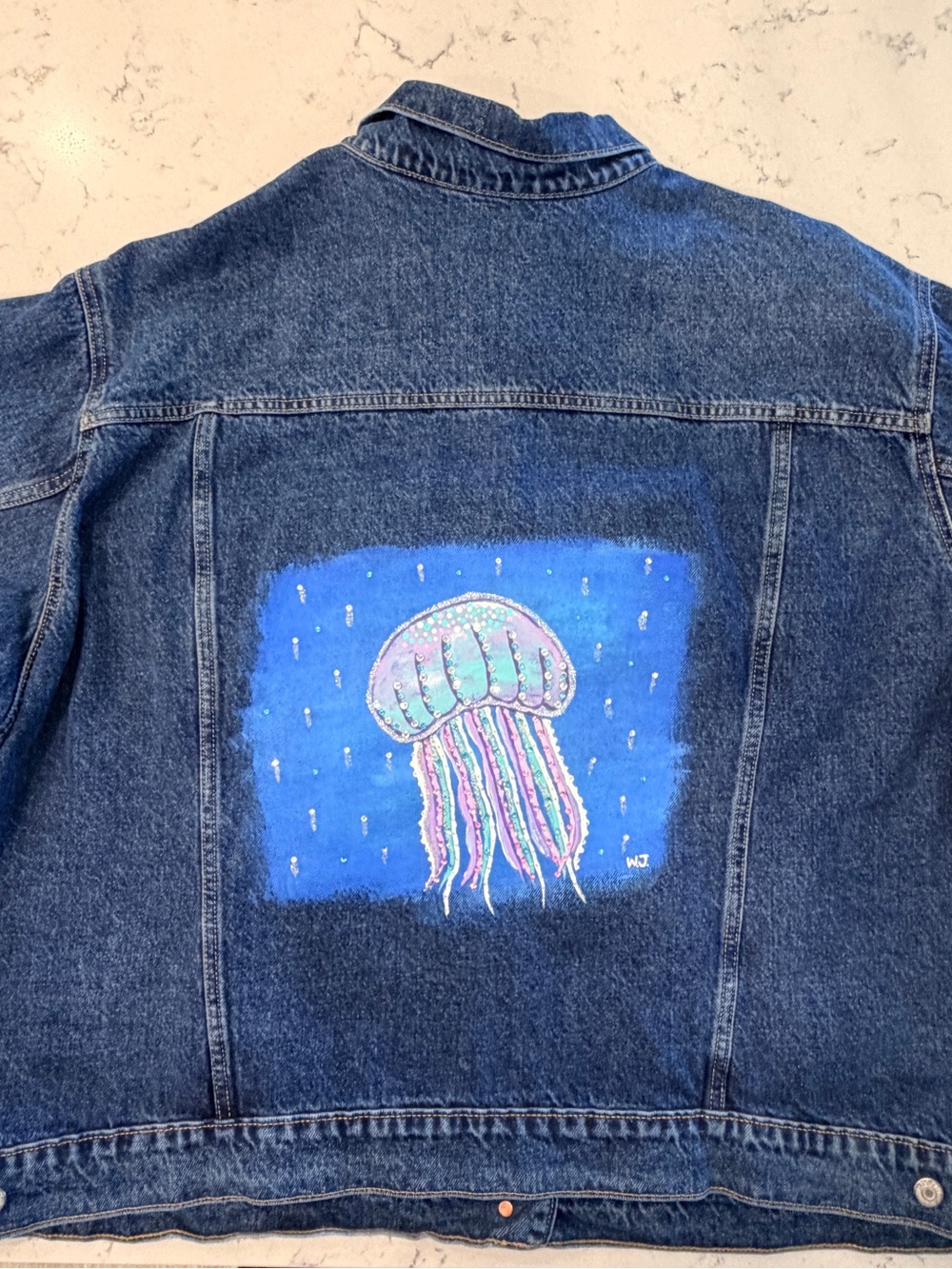 Plus Size 4x Hand-Painted Jellyfish Denim Jacket with Crystals